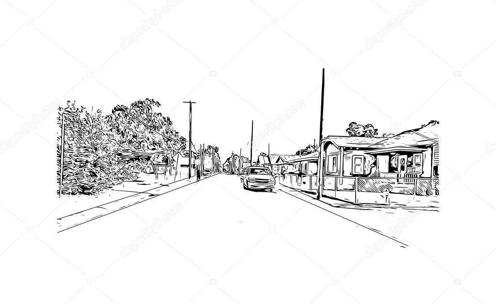 Print Building view with landmark of Lafayette is a city in southern Louisiana. Hand drawn sketch illustration in vector.