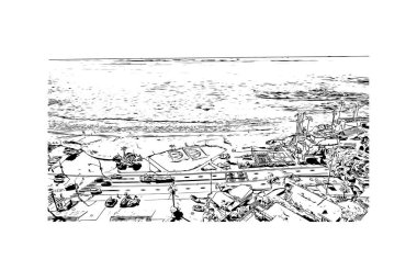 Print Building view with landmark of Laguna Beach, Kaliforniya 'da küçük bir sahil kentidir. Vektörde elle çizilmiş çizim çizimi. 