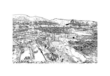 Print Building view with landmark of Laguna Beach, Kaliforniya 'da küçük bir sahil kentidir. Vektörde elle çizilmiş çizim çizimi. 