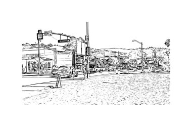 Print Building view with landmark of Laguna Beach, Kaliforniya 'da küçük bir sahil kentidir. Vektörde elle çizilmiş çizim çizimi. 