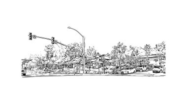 Print Building view with landmark of Laguna Beach, Kaliforniya 'da küçük bir sahil kentidir. Vektörde elle çizilmiş çizim çizimi. 