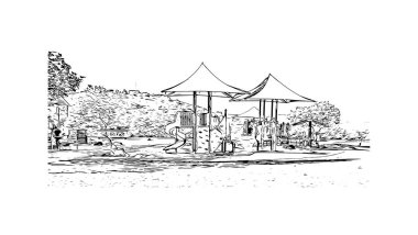 Print Building view with landmark of Laguna Beach, Kaliforniya 'da küçük bir sahil kentidir. Vektörde elle çizilmiş çizim çizimi. 