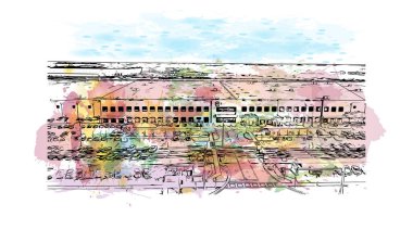 Lakeland 'ın simgesi olan Print Building View Florida' da bulunmaktadır. Vektörde elle çizilmiş resim ile suluboya sıçraması.