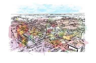 Lakeland 'ın simgesi olan Print Building View Florida' da bulunmaktadır. Vektörde elle çizilmiş resim ile suluboya sıçraması.