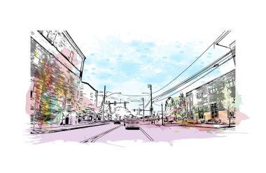 Lancaster 'ın simgesi olan Print Building View Pensilvanya' da bulunmaktadır. Vektörde elle çizilmiş resim ile suluboya sıçraması.