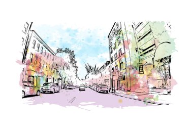 Lancaster 'ın simgesi olan Print Building View Pensilvanya' da bulunmaktadır. Vektörde elle çizilmiş resim ile suluboya sıçraması.