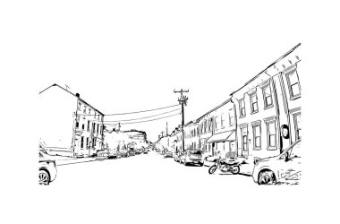 Lancaster 'ın simgesi olan Print Building View Pensilvanya' da bulunmaktadır. Vektörde elle çizilmiş çizim çizimi.
