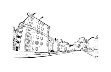 Lancaster 'ın simgesi olan Print Building View Pensilvanya' da bulunmaktadır. Vektörde elle çizilmiş çizim çizimi.