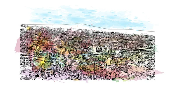 带有Lalitpur地标的打印建筑视图是印度的一个城市 矢量手绘示意图水彩画 — 图库矢量图片