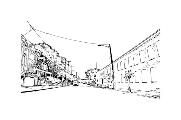 带有兰开斯特地标的印刷建筑景观是宾夕法尼亚的一座城市 矢量手绘草图 — 图库矢量图片