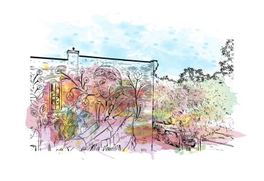 Lancing 'in simgesi olan Print Building Manzarası İngiltere' deki köydür. Vektörde elle çizilmiş resim ile suluboya sıçraması.