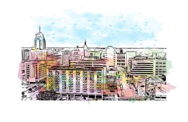 Lancing 'in simgesi olan Print Building Manzarası İngiltere' deki köydür. Vektörde elle çizilmiş resim ile suluboya sıçraması.