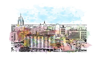 Lancing 'in simgesi olan Print Building Manzarası İngiltere' deki köydür. Vektörde elle çizilmiş resim ile suluboya sıçraması.