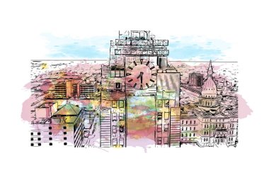 Lancing 'in simgesi olan Print Building Manzarası İngiltere' deki köydür. Vektörde elle çizilmiş resim ile suluboya sıçraması.