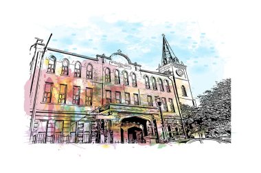 Print Building view with landmark of Laredo Güney Teksas 'ta bir şehirdir. Vektörde elle çizilmiş resim ile suluboya sıçraması.