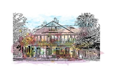 Print Building view with landmark of Laredo Güney Teksas 'ta bir şehirdir. Vektörde elle çizilmiş resim ile suluboya sıçraması.