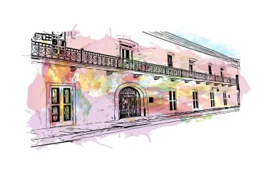 Print Building view with landmark of Laredo Güney Teksas 'ta bir şehirdir. Vektörde elle çizilmiş resim ile suluboya sıçraması.