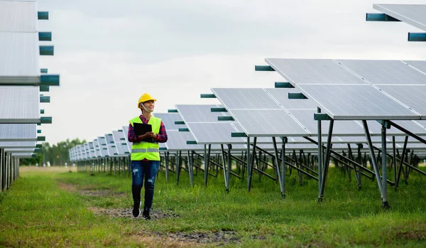 A young female solar cell engineer is working hard. Working in alternative energy Solar energy