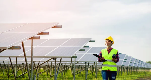 A young female solar cell engineer is working hard. Working in alternative energy Solar energy