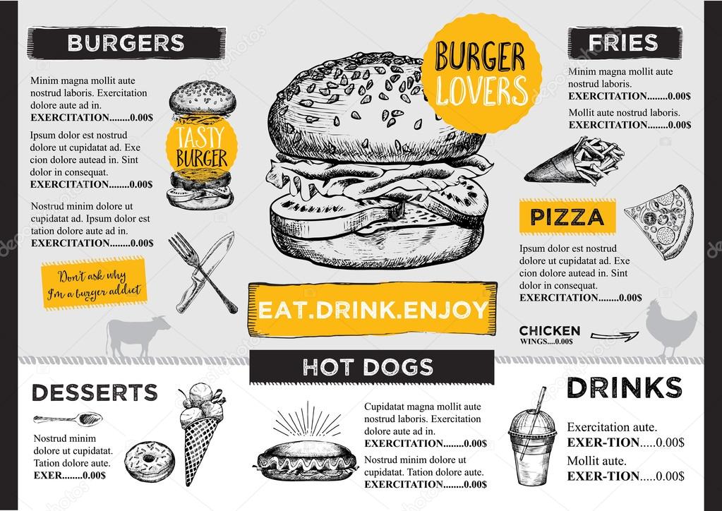 Restaurant brochure vector, burger menu design. Vector cafe template with hand-drawn graphic. Food flyer