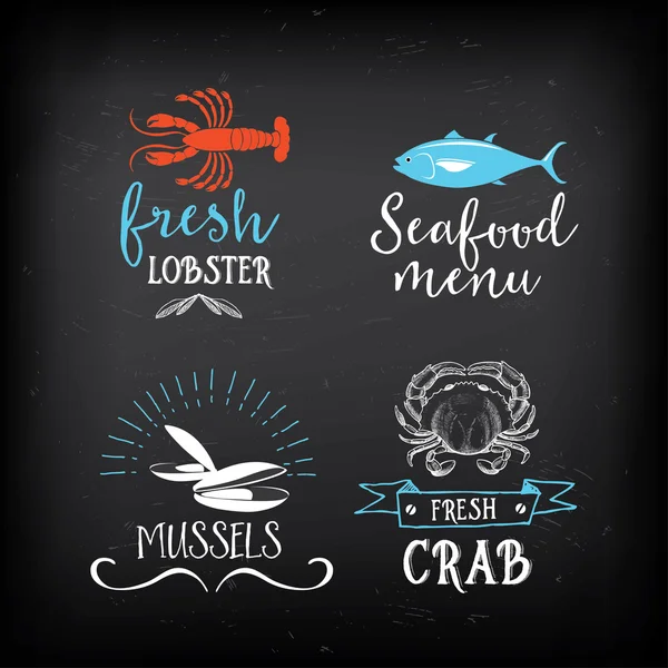 Menu de frutos do mar e elementos de design de emblemas — Vetor de Stock