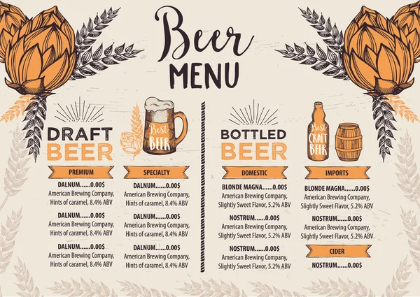 Bier café restaurant menu — Stockvector