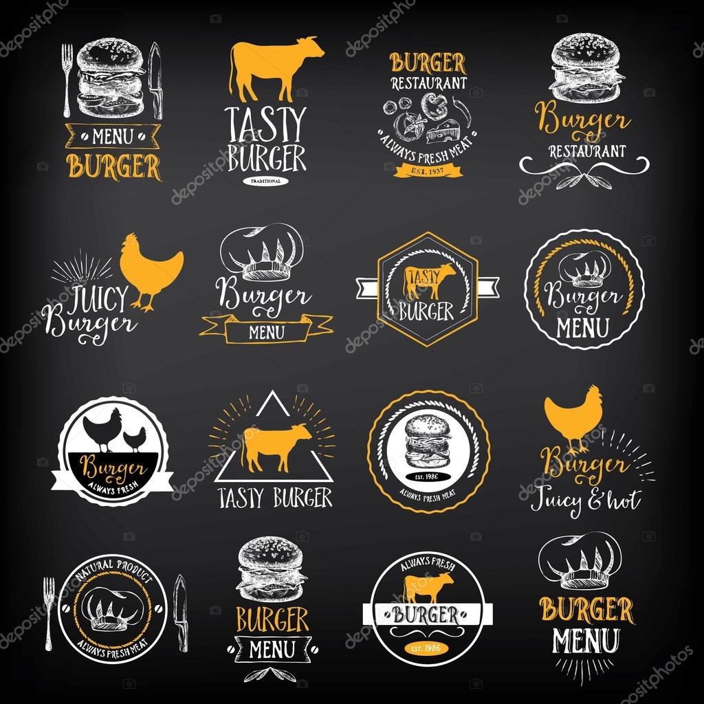Burger menu restaurant badges. Food design icons with hand-drawing elements. Graphic labels for fast food restaurant template.