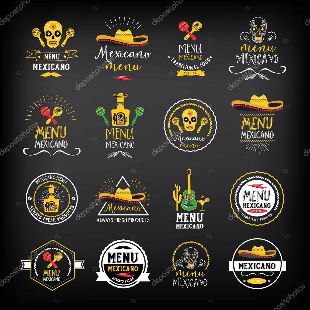 Mexican food menu restaurant badges. Food design icons with hand-drawing elements. Graphic labels for restaurant template.