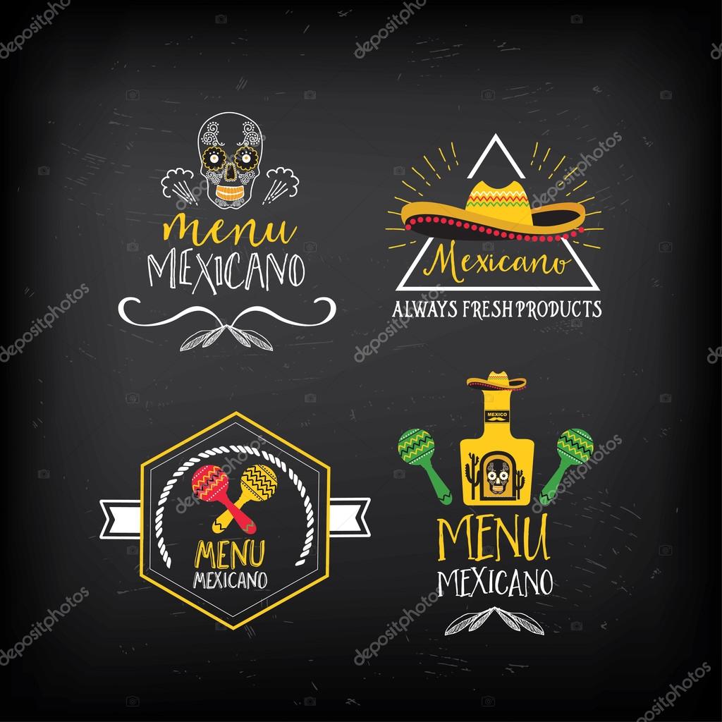 Mexican food menu restaurant badges. Food design icons with hand-drawing elements. Graphic labels for restaurant template.