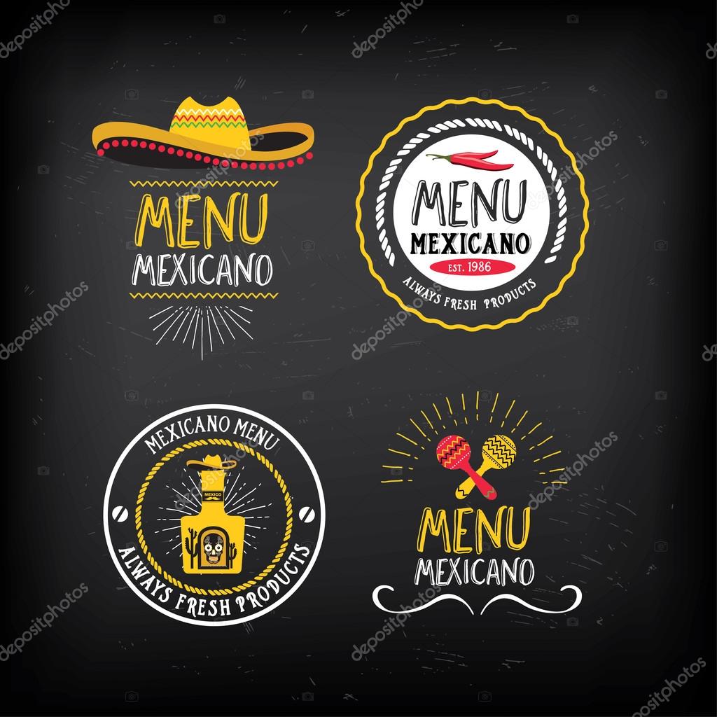 Mexican food menu restaurant badges. Food design icons with hand-drawing elements. Graphic labels for restaurant template.