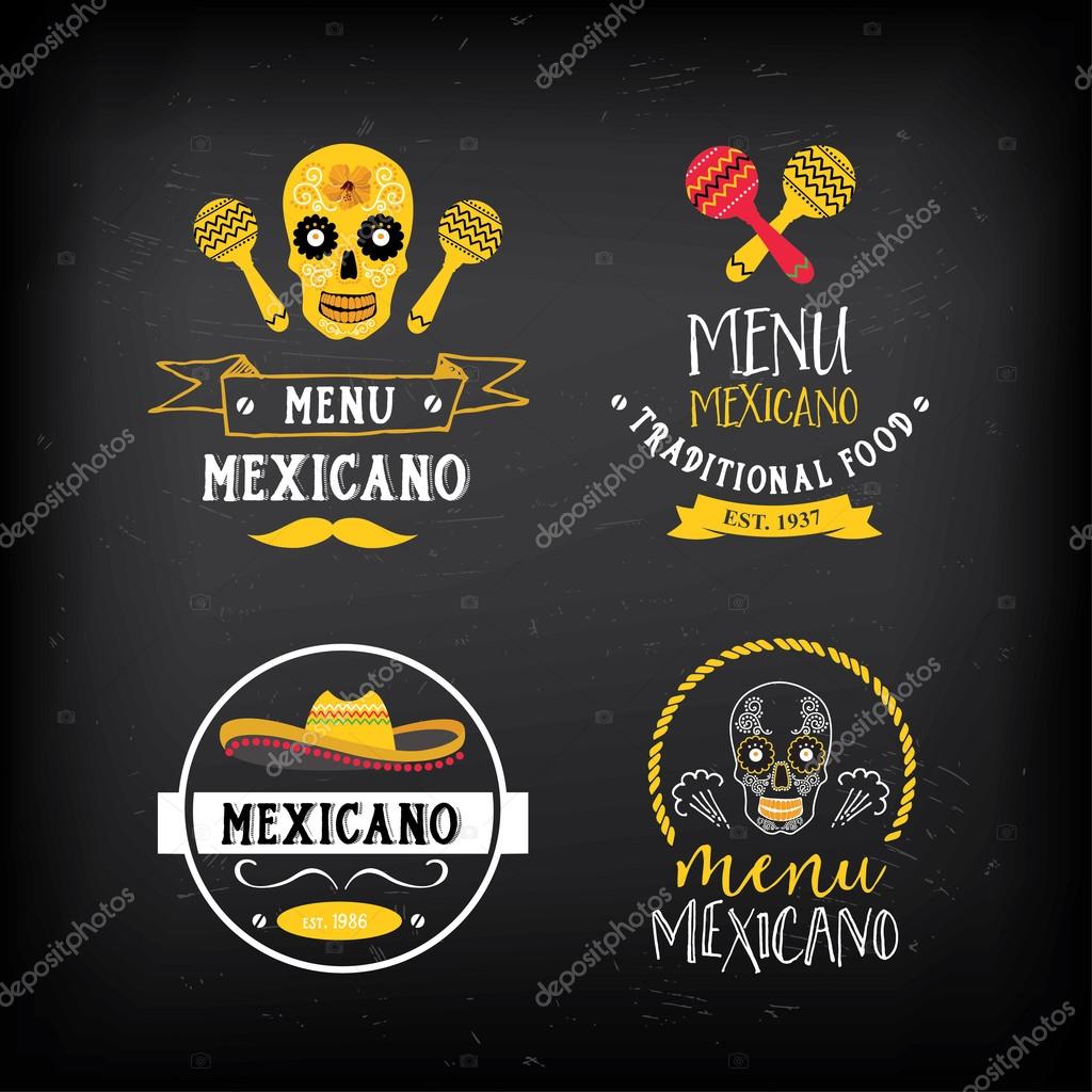 Mexican food menu restaurant badges. Food design icons with hand-drawing elements. Graphic labels for restaurant template.