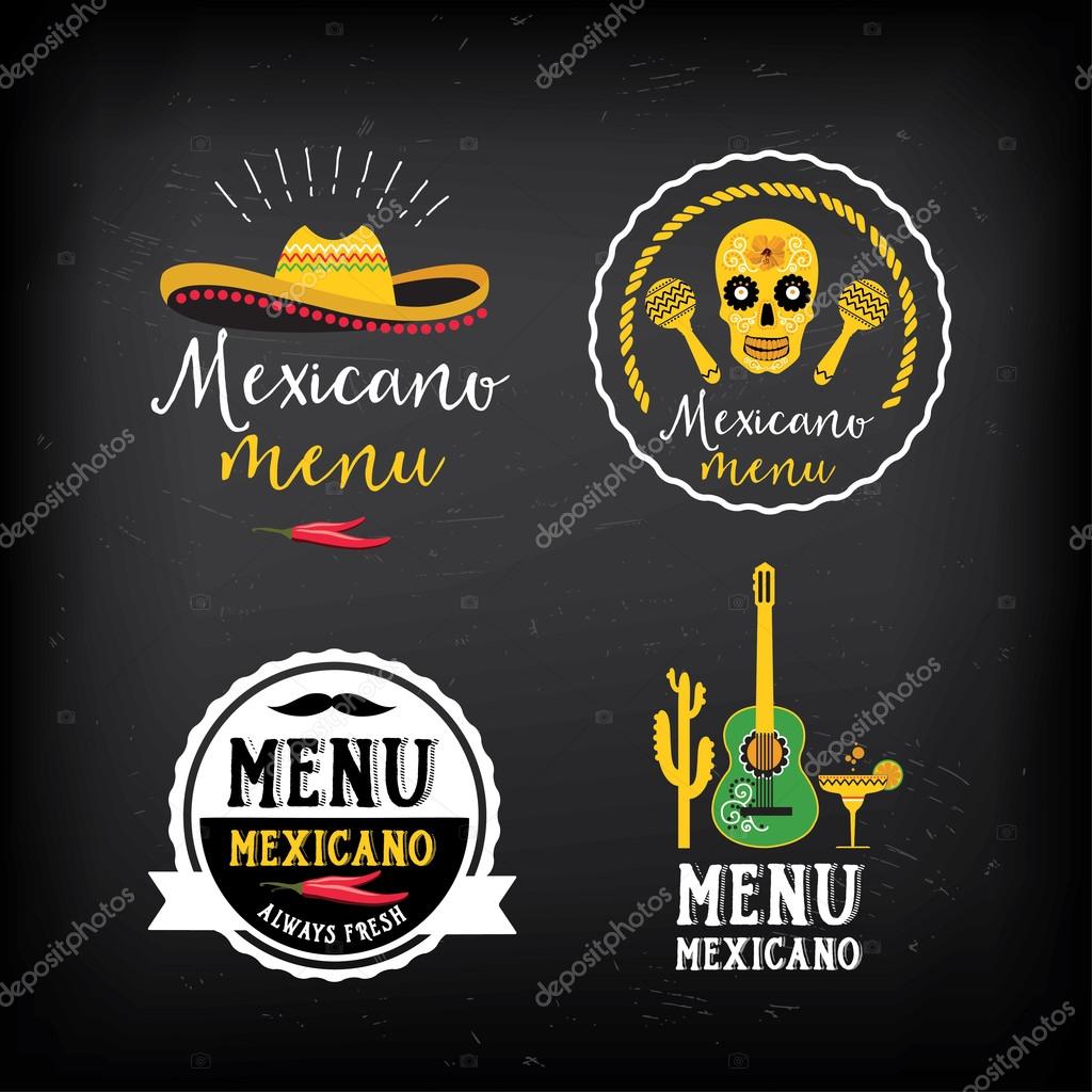 Mexican food menu restaurant badges. Food design icons with hand-drawing elements. Graphic labels for restaurant template.
