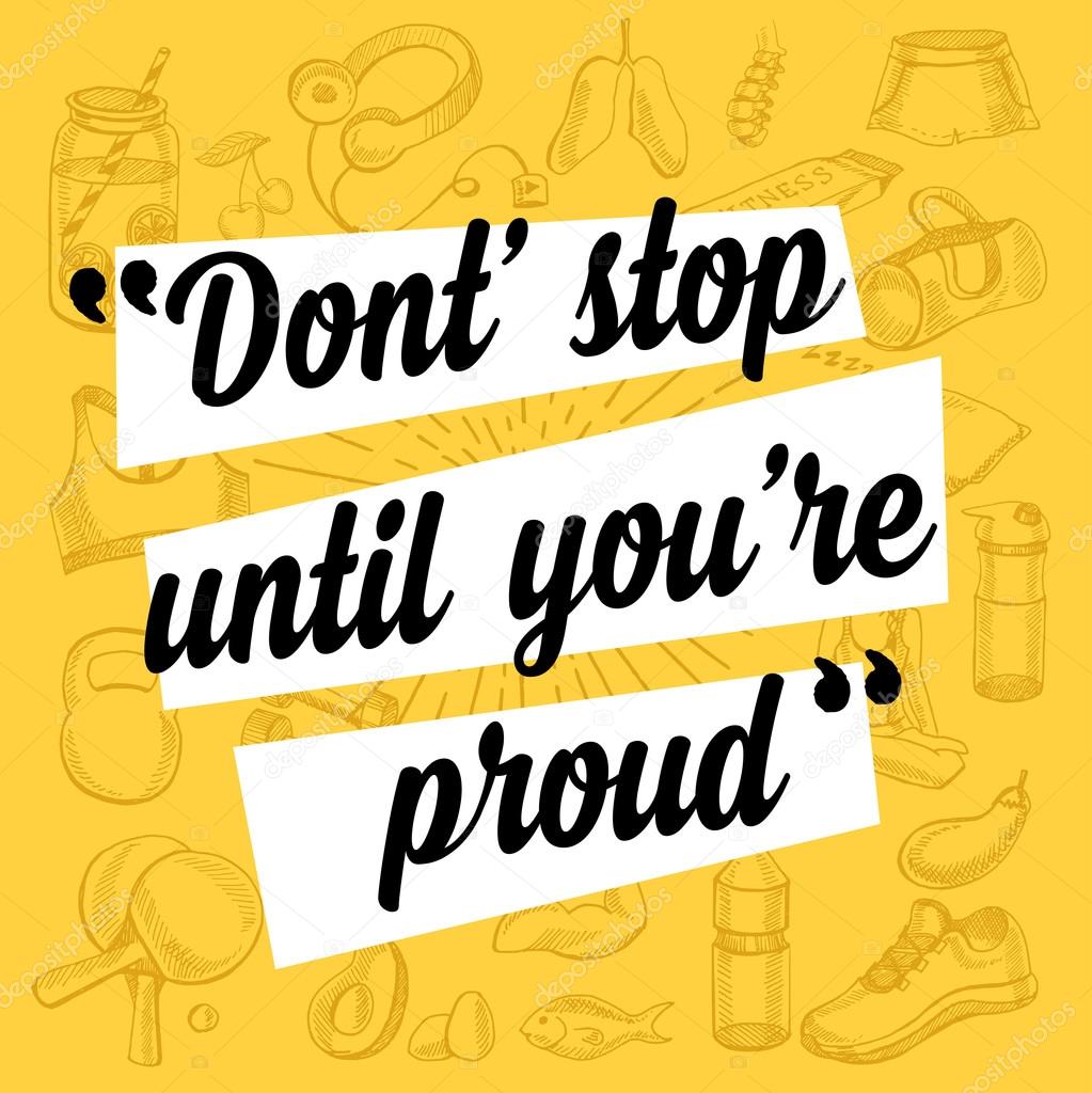 Fitness motivation quote poster. Gym inspirational banner with text and hand-drawing sport icons.