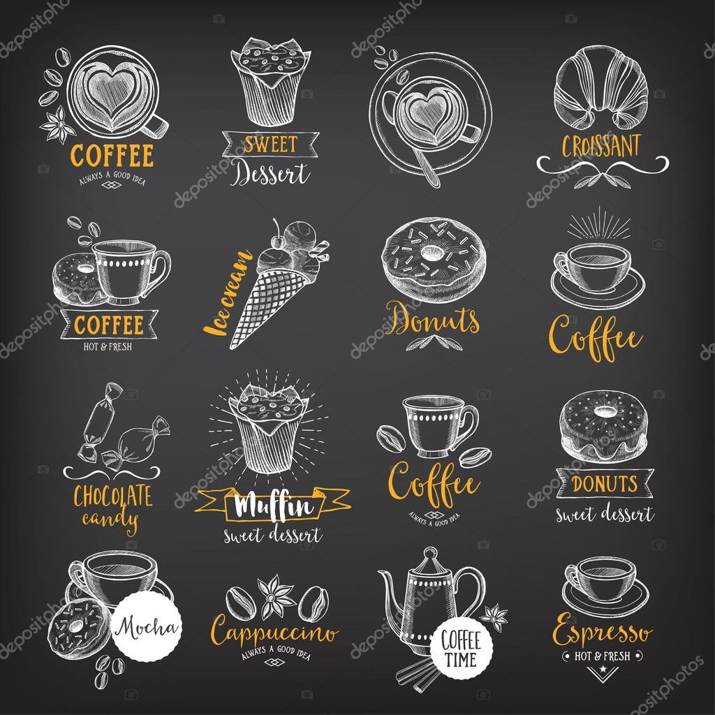 Coffee and sweet menu restaurant badges, dessert menu. Food design icons with hand-drawing elements. Graphic labels for restaurant template.