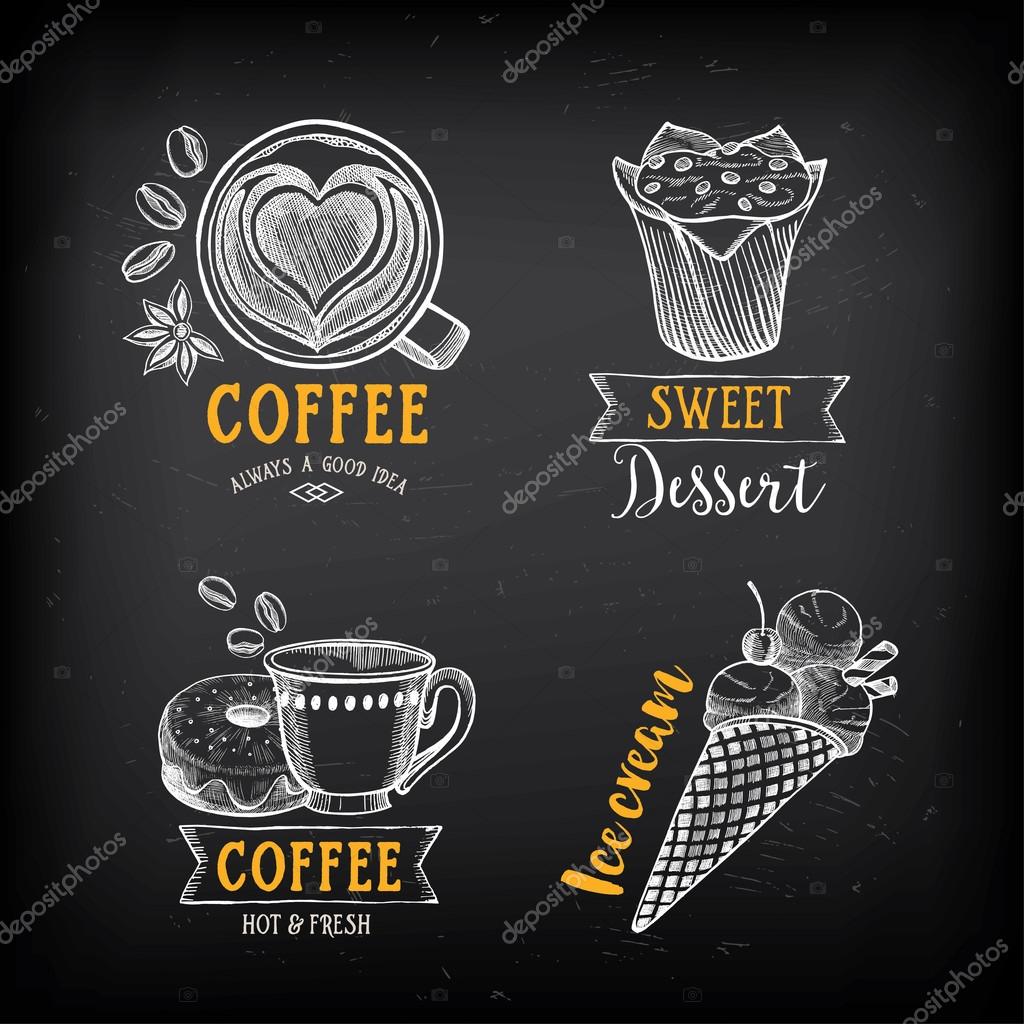 Coffee and sweet menu restaurant badges, dessert menu. Food design icons with hand-drawing elements. Graphic labels for restaurant template.