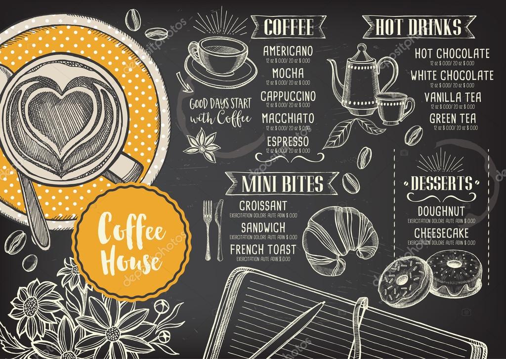 Coffee restaurant brochure vector, coffee shop menu design. Vector cafe template with hand-drawn graphic. Coffee flyer.