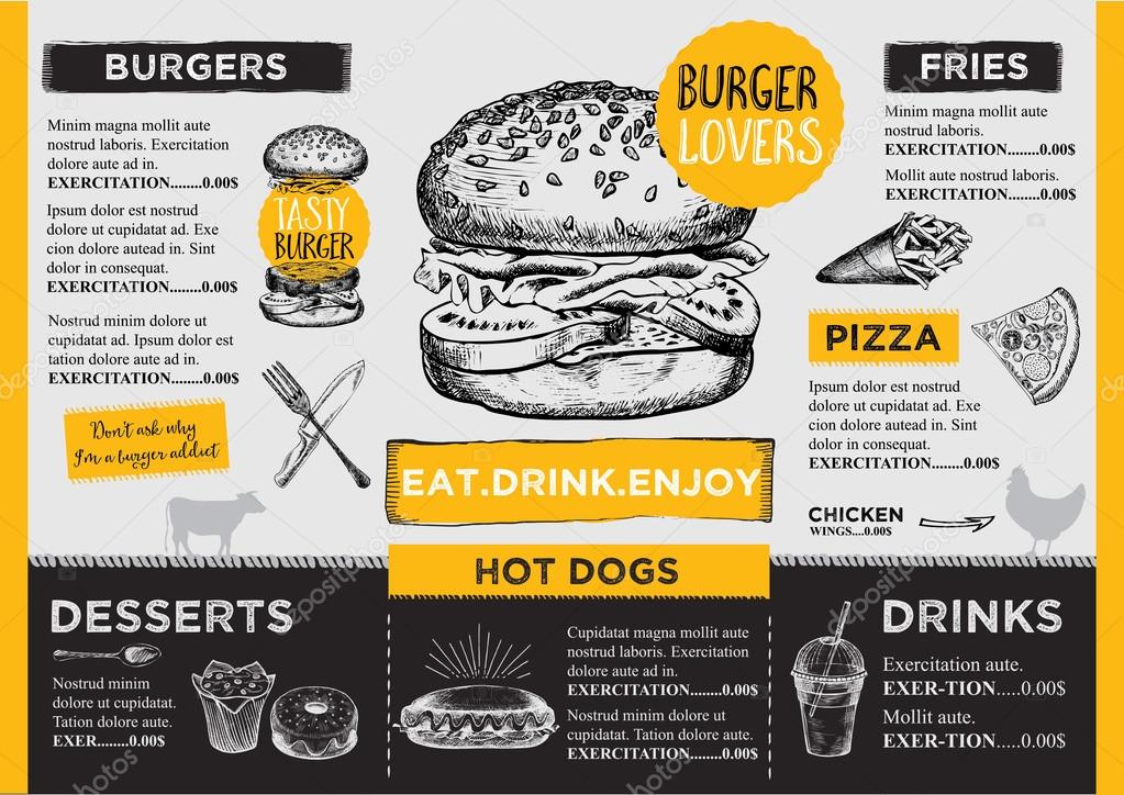 Restaurant brochure vector, menu design. Vector cafe template with hand-drawn graphic. Food flyer.