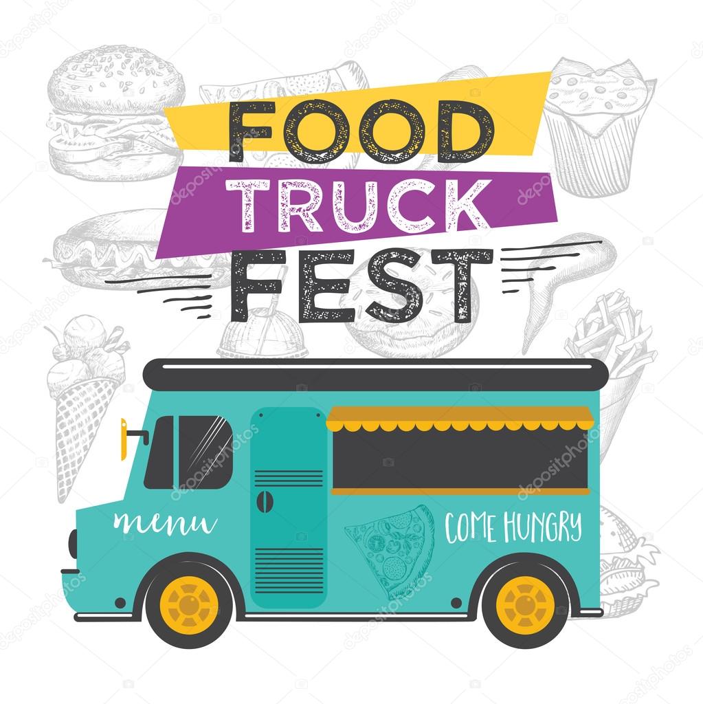 Food truck festival menu food brochure, street food template design. Vintage creative party invitation with hand-drawn graphic. Vector food menu flyer. Hipster menu board.