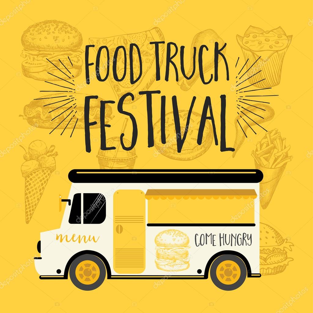 Food truck festival menu food brochure, street food template design. Vintage creative party invitation with hand-drawn graphic. Vector food menu flyer. Hipster menu board.