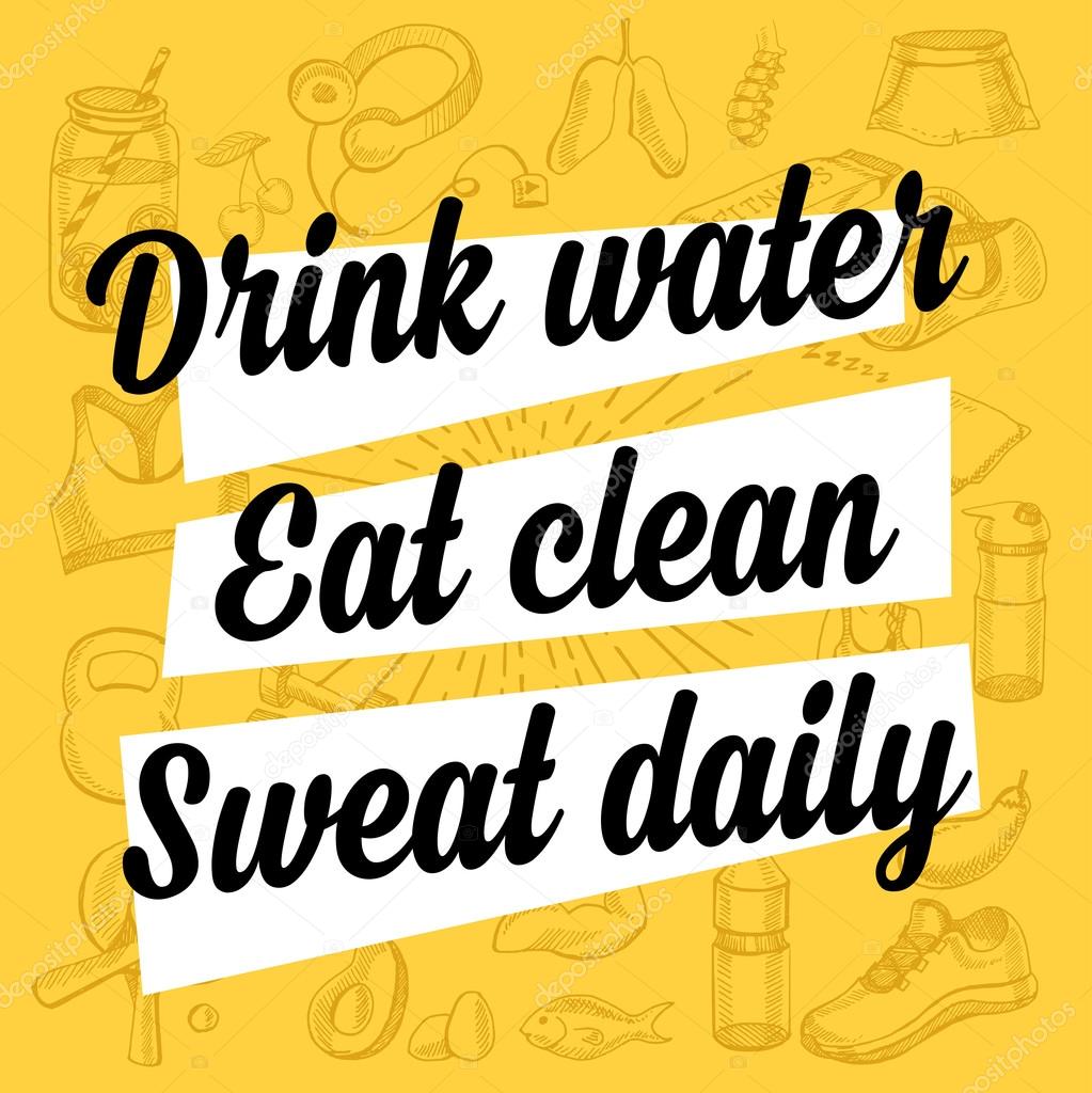 Fitness motivation quote poster. Gym inspirational banner with text and hand-drawing sport icons.