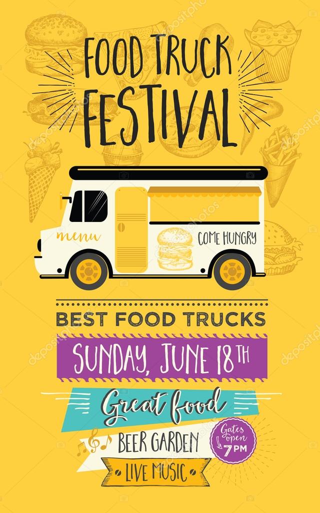 Food truck festival menu food brochure, street food template design. Vintage creative party invitation with hand-drawn graphic. Vector food menu flyer. Hipster menu board.