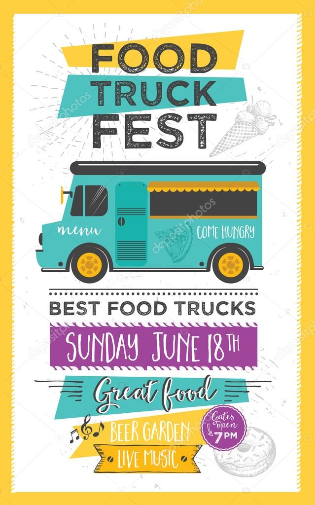 Food truck festival menu food brochure, street food template design. Vintage creative party invitation with hand-drawn graphic. Vector food menu flyer. Hipster menu board.