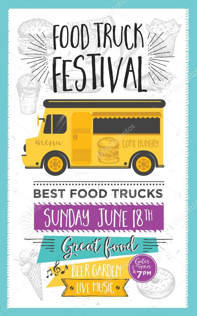 Food truck festival menu food brochure, street food template design. Vintage creative party invitation with hand-drawn graphic. Vector food menu flyer. Hipster menu board.