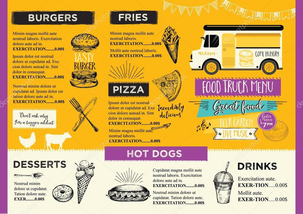 Food truck festival menu food brochure, street food template design. Vintage creative party invitation with hand-drawn graphic. Vector food menu flyer. Hipster menu board.