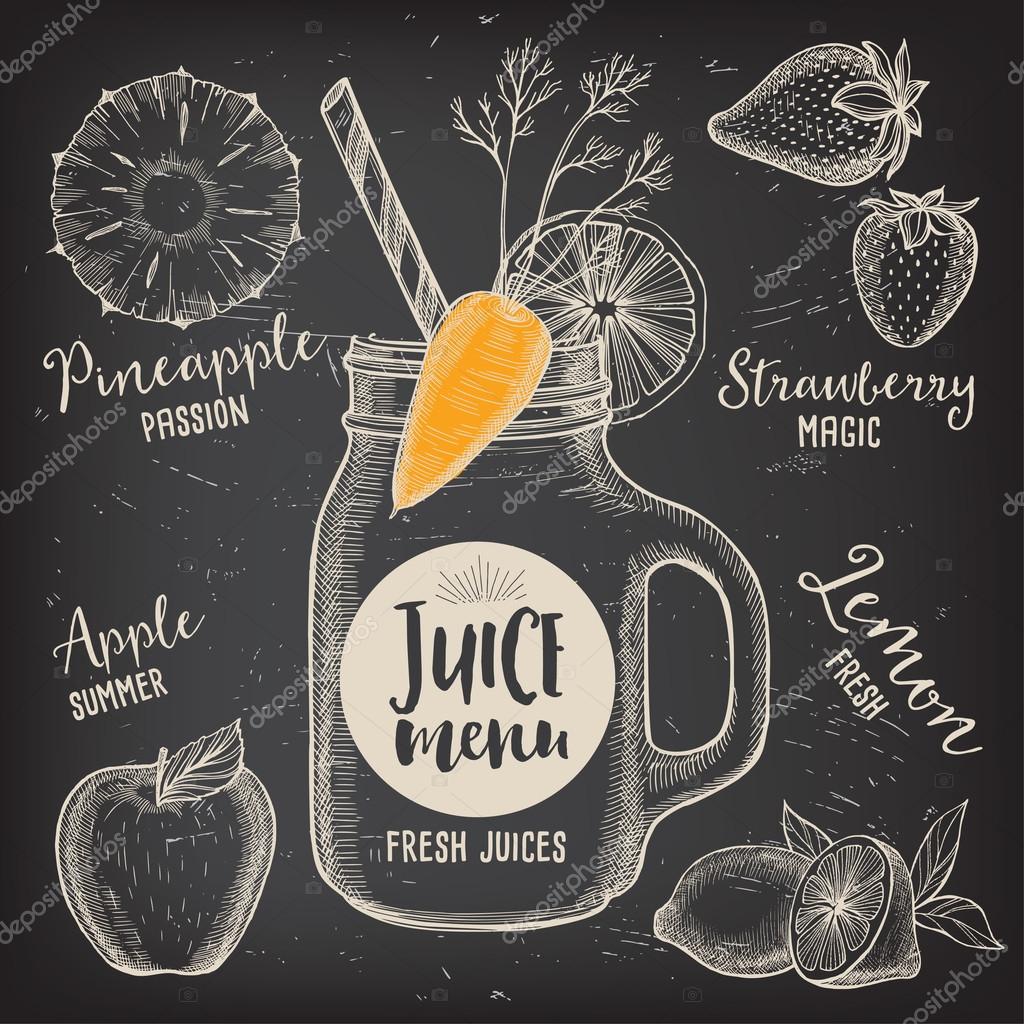 Juice menu placemat drink restaurant brochure, dessert template design. Vintage creative beverage template with hand-drawn graphic. Vector food menu flyer. Gourmet menu board.