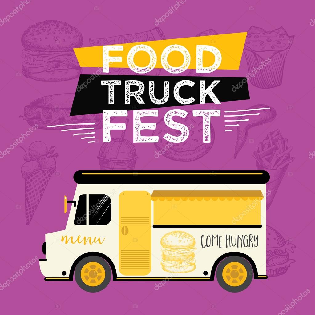 Food truck festival menu food brochure, street food template design. Vintage creative party invitation with hand-drawn graphic. Vector food menu flyer. Hipster menu board.