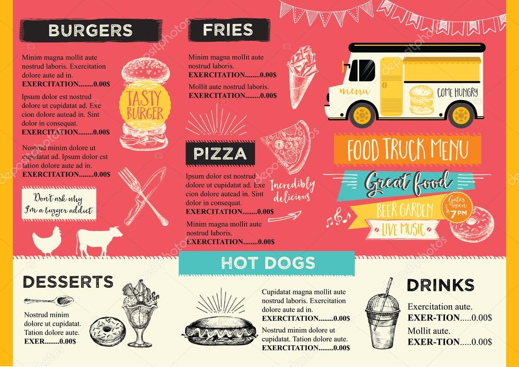 Food truck festival menu food brochure, street food template design. Vintage creative party invitation with hand-drawn graphic. Vector food menu flyer. Hipster menu board.