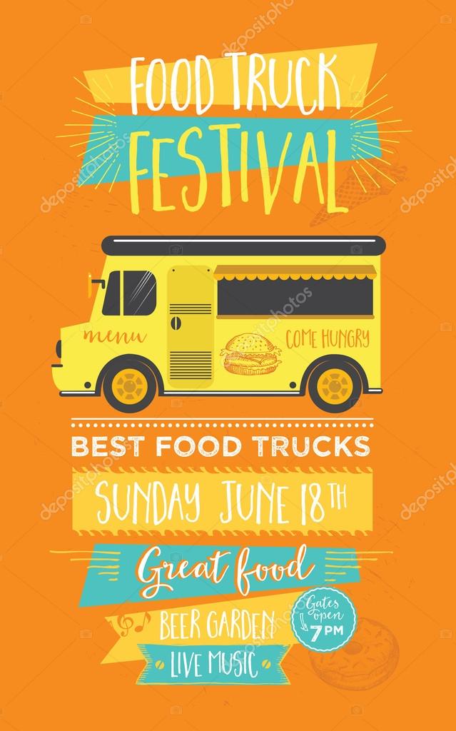 Food truck festival menu food brochure, street food template design. Vintage creative party invitation with hand-drawn graphic. Vector food menu flyer. Hipster menu board.