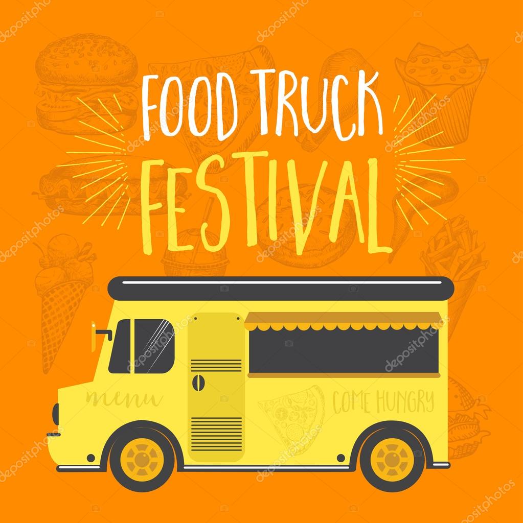 Food truck festival menu food brochure, street food template design. Vintage creative party invitation with hand-drawn graphic. Vector food menu flyer. Hipster menu board.