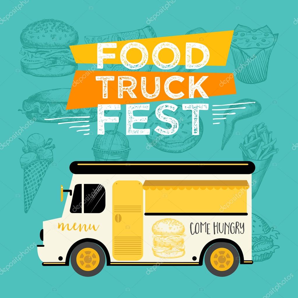 Food truck festival menu food brochure, street food template design. Vintage creative party invitation with hand-drawn graphic. Vector food menu flyer. Hipster menu board.